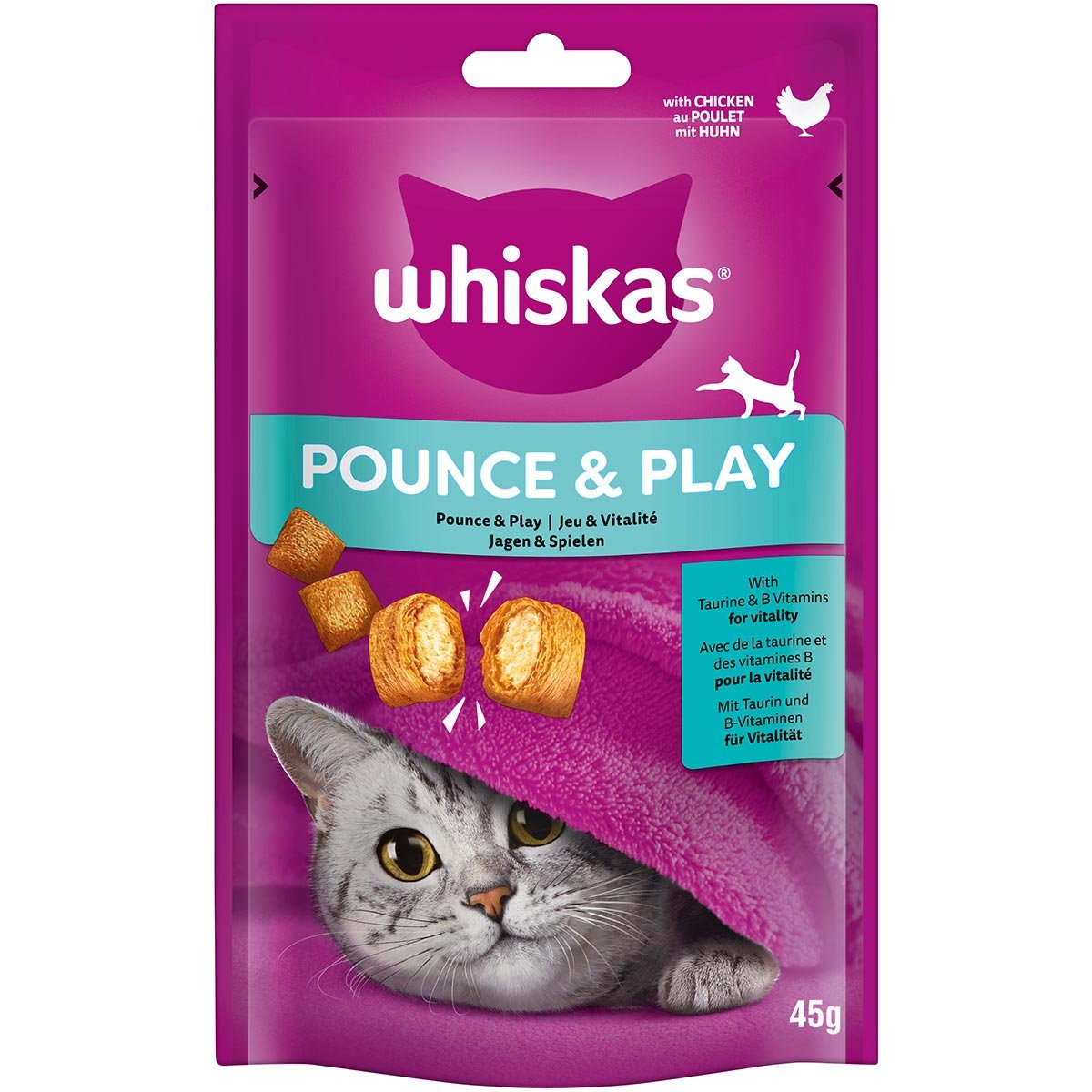 WHISKAS Jagen und Spielen mit Huhn 4x45g